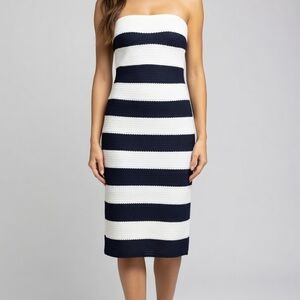 Striped Strapless Midi Dress in Navy & White